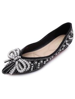 YQRUIMIAO Flats Shoes Women Rhinestone Wedding Flats Pointed Toe Ballet Flat Shoe Low Heel Dress Shoes Sparkly Flats for Women