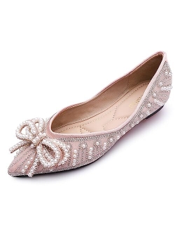 YQRUIMIAO Flats Shoes Women Rhinestone Wedding Flats Pointed Toe Ballet Flat Shoe Low Heel Dress Shoes Sparkly Flats for Women