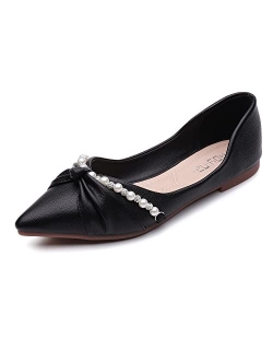 DUWEIDU Women's Pearls Flats Pointed Fashion Wedding Dress Flats Comfortable Slip on Ballet Flats