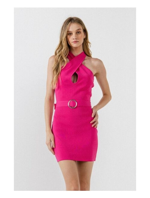 ENDLESS ROSE Women's Crossed Halter Neck Cut Out Knit Mini Dress