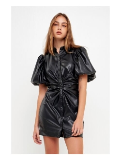 Women's PU Leather Button Closure Mini Dress