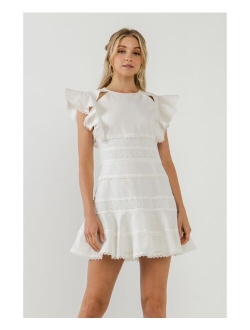 Women's Lace Trimmed Ruffle Sleeve Dress with Cutout