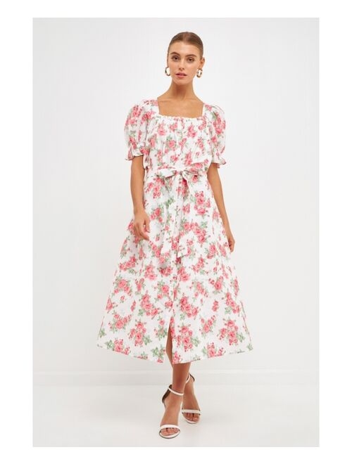 endless rose Women's Floral Print Linen Midi Dress