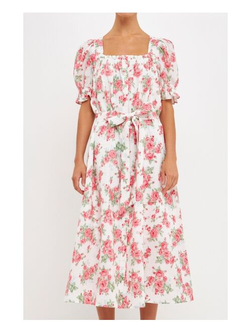 endless rose Women's Floral Print Linen Midi Dress