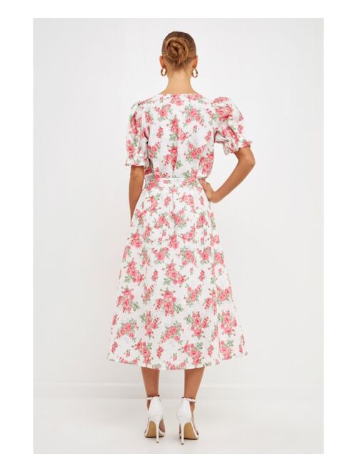 endless rose Women's Floral Print Linen Midi Dress