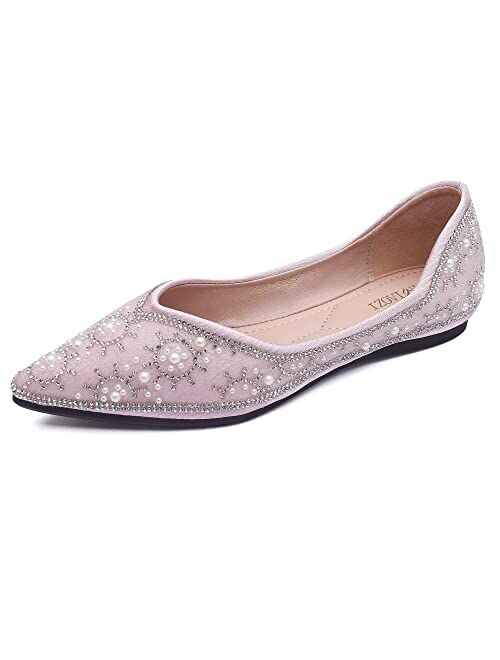 ZQKSEOHS Women's Flats Pointed Toe Pearl Low Heel Dress Wedding Flats Comfortable Soft Memory Foam Insole Flats Shoes Women