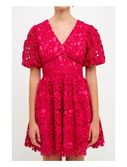 Women's Crochet Lace Puff Sleeve Mini Dress