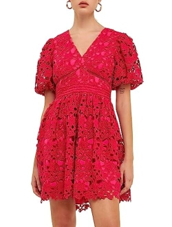 Women's Crochet Lace Puff Sleeve Mini Dress