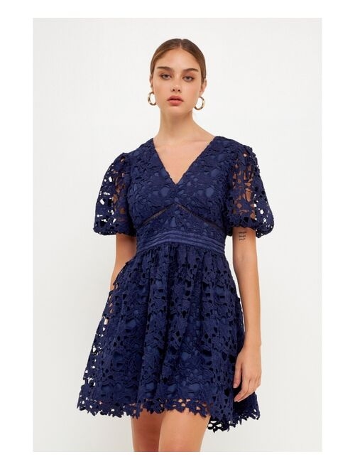 endless rose Women's Crochet Lace Puff Sleeve Mini Dress