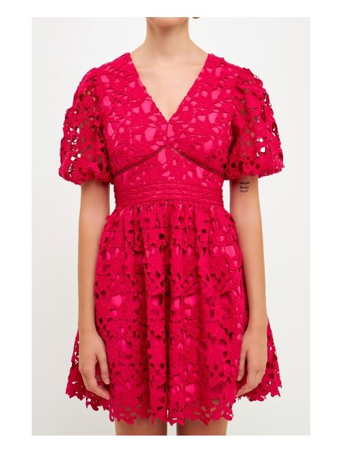 endless rose Women's Crochet Lace Puff Sleeve Mini Dress