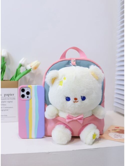 Shein Kid's Backpack For Kindergarten Girls, Cute Cartoon Plush Bear Decorated School Bag