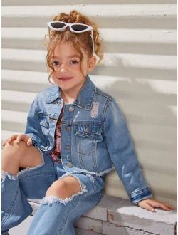 Young Girl Ripped Raw Hem Denim Jacket Without Tee