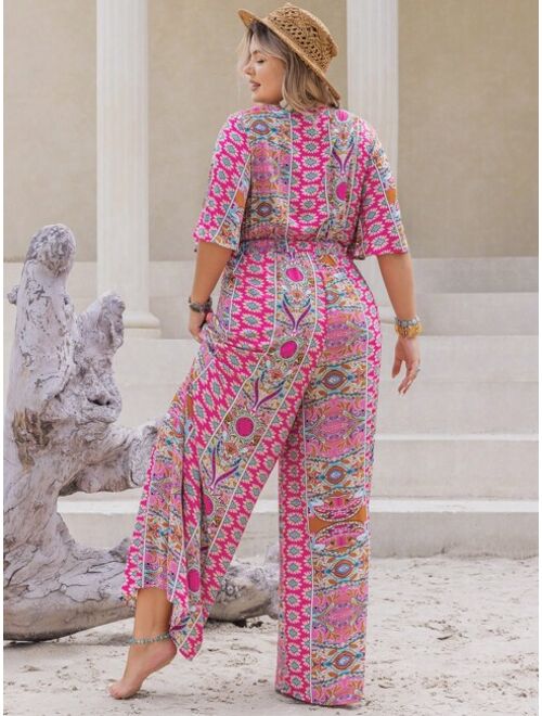 Rusttydustty Plus Allover Print Knot Front Wide Leg Jumpsuit