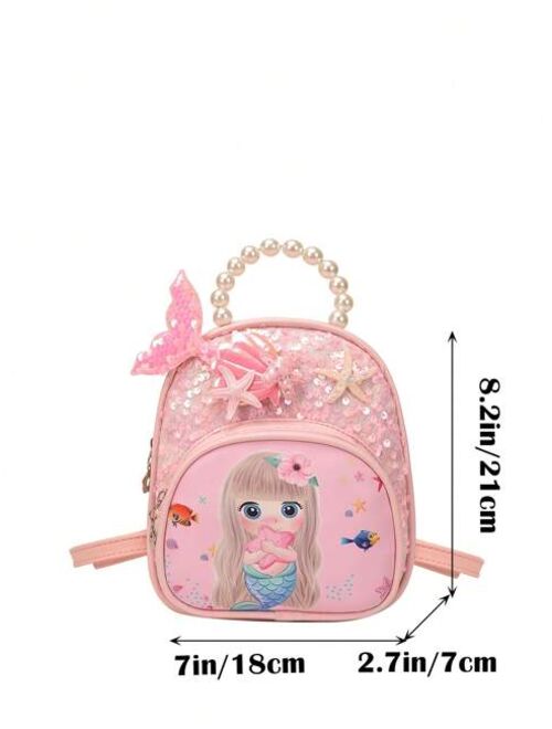 Shein Girls Mermaid Pattern Faux Pearl & Fishtail Decor Zipper Classic Backpack