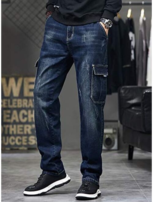 Idopy Men`s Cargo Jeans Regular Stretchy Motorcycle Distressed Denim Pants