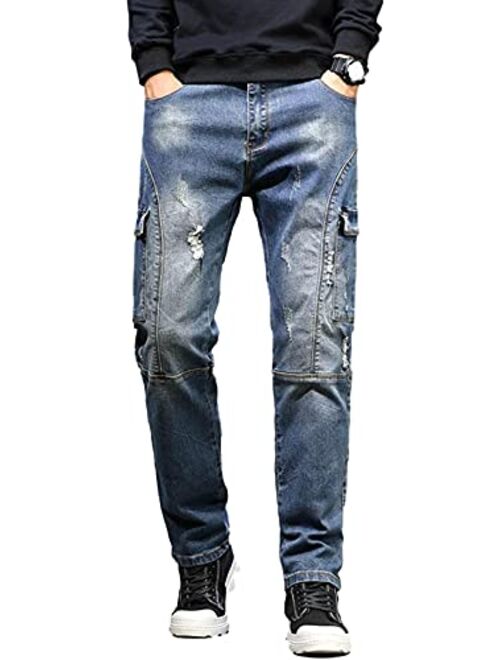 Idopy Men`s Cargo Jeans Regular Stretchy Motorcycle Distressed Denim Pants