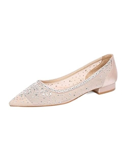 XYD Women Elegant Pointed Toe Rhinestone Flats Mesh Slip On Low Heel Crystal Embellished Wedding Bride Dress Shoes