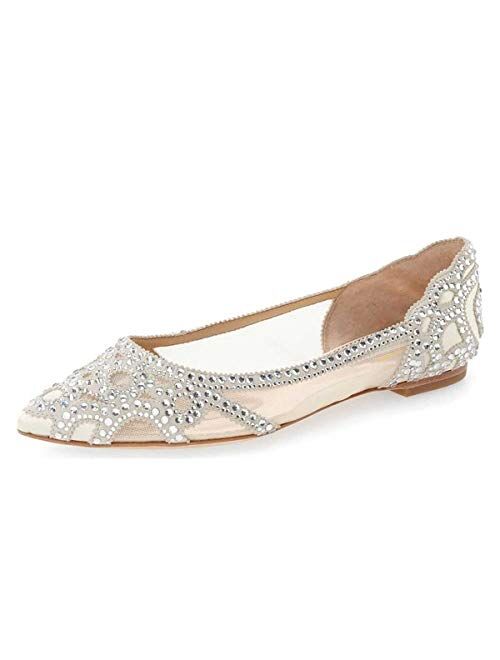 XYD Women Elegant Pointed Toe Rhinestone Flats Mesh Slip On Low Heel Crystal Embellished Wedding Bride Dress Shoes