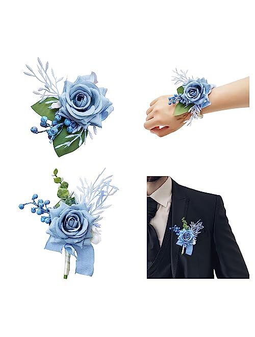 AJOYEGG Wrist Corsage Wristlet Band Bracelet: Set of 6 Corsage Flower for Women Bride Bridesmaid Wedding Prom(Dusty Blue)