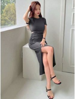 Solid Ruched Split Thigh Dress