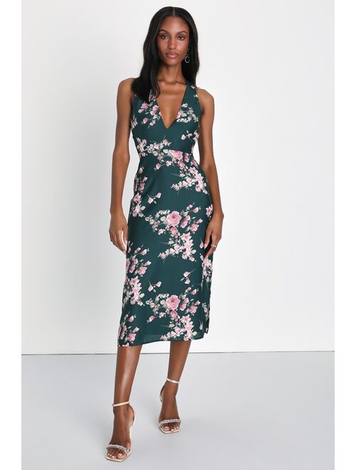 Lulus Sweetest Sense Emerald Green Floral Satin Tie-Back Midi Dress