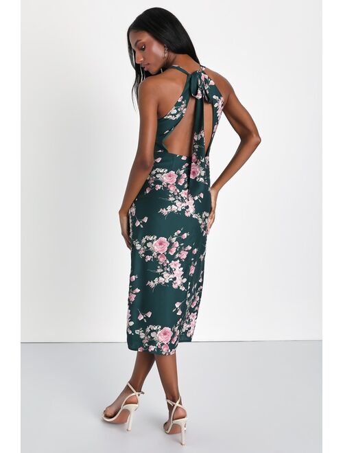 Lulus Sweetest Sense Emerald Green Floral Satin Tie-Back Midi Dress