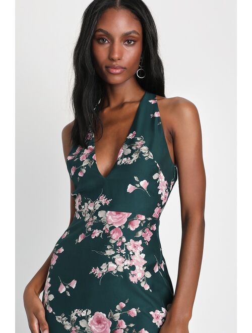 Lulus Sweetest Sense Emerald Green Floral Satin Tie-Back Midi Dress