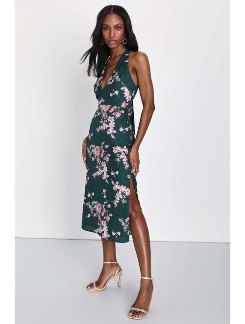 Lulus Sweetest Sense Emerald Green Floral Satin Tie-Back Midi Dress