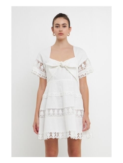 Women's Lace Trim Mini Dress with Front Bow