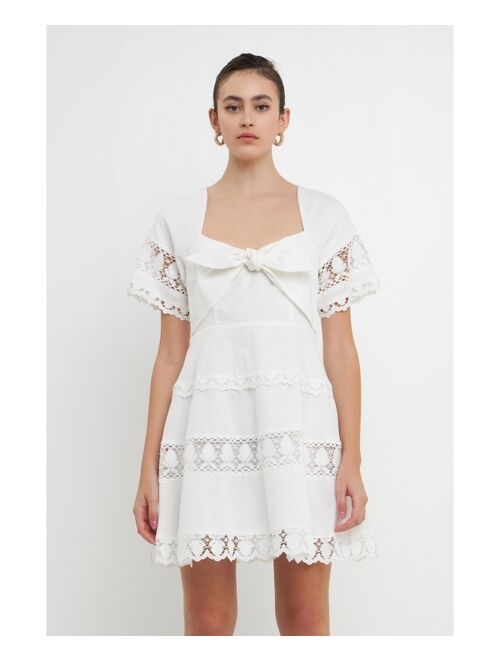 endless rose Women's Lace Trim Mini Dress with Front Bow