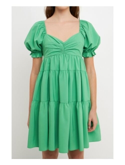 Women's Classic Sweetheart Tiered Mini with Puff Sleeves Dress