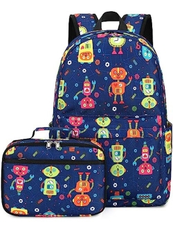 LEDAOU Kids School Backpack with Lunch Box for Boy Kindergarten BookBag School Bag Preschool Kindergarten Toddler Backpack (Robots Navy)