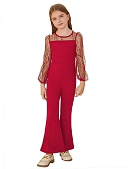 Girl's High Waist Sheer Mesh Bishop Sleeve Flare Leg Jumpsuit Pants