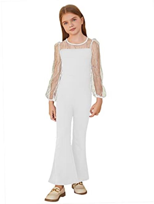 WDIRARA Girl's High Waist Sheer Mesh Bishop Sleeve Flare Leg Jumpsuit Pants