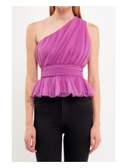 Women's One Shoulder Shirred Tulle Top