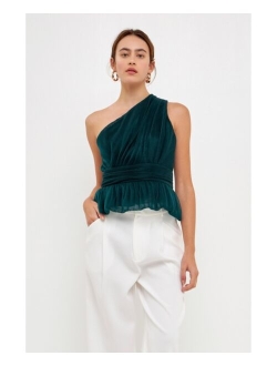 Women's One Shoulder Shirred Tulle Top