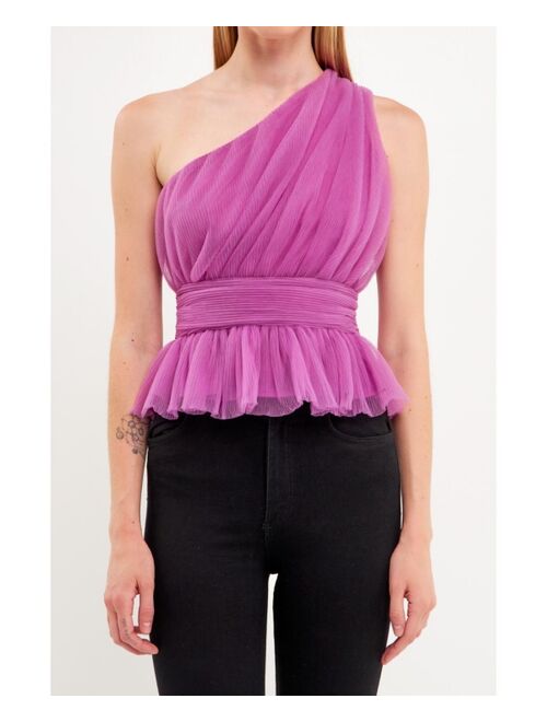 ENDLESS ROSE Women's One Shoulder Shirred Tulle Top