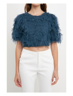 Women's Gridded Mesh Feathered Cropped Top