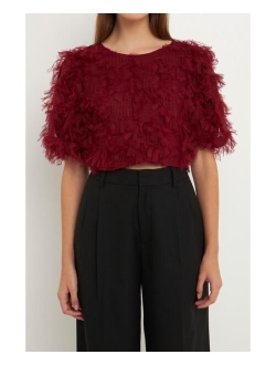 Women's Gridded Mesh Feathered Cropped Top