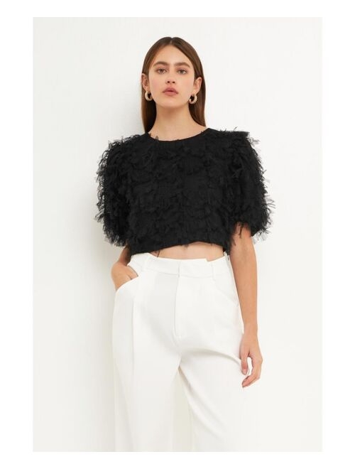 ENDLESS ROSE Women's Gridded Mesh Feathered Cropped Top