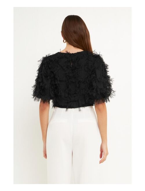 ENDLESS ROSE Women's Gridded Mesh Feathered Cropped Top