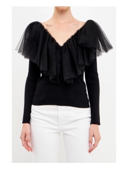 Women's Mixed Media Mesh Pleated Ruffle Top