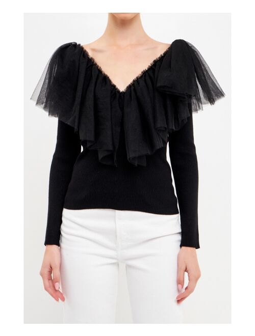 ENDLESS ROSE Women's Mixed Media Mesh Pleated Ruffle Top