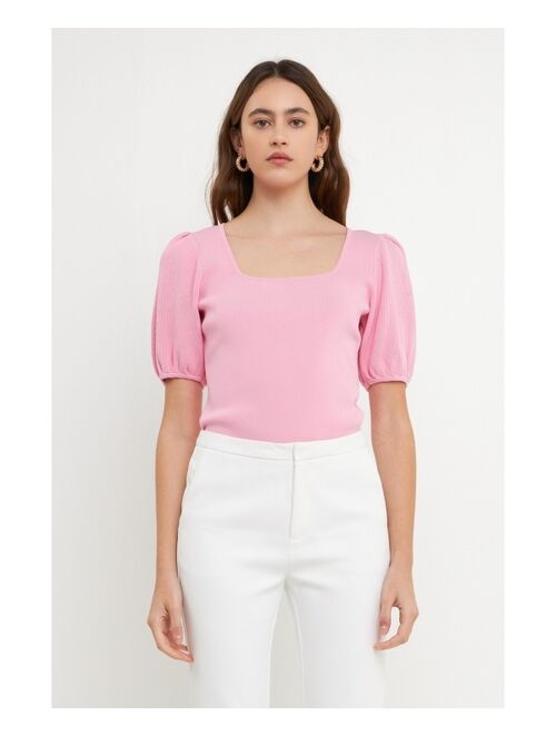 ENDLESS ROSE Women's Knit Square Neck Puff Top