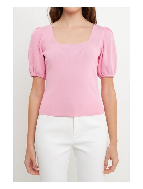 ENDLESS ROSE Women's Knit Square Neck Puff Top