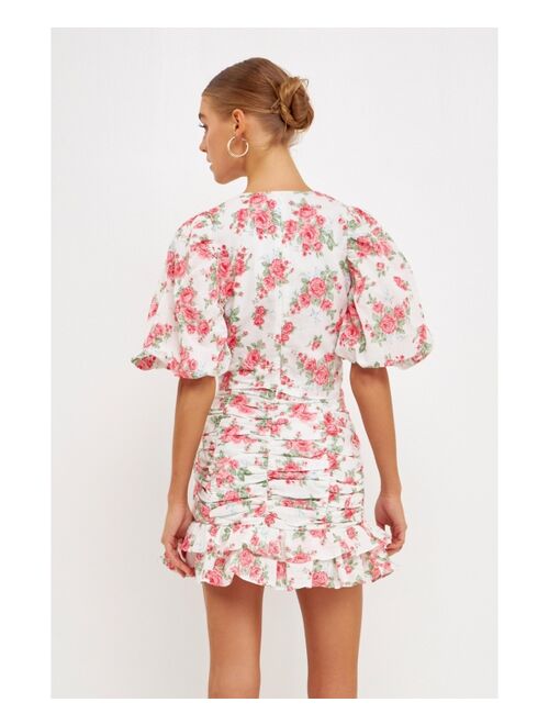 ENDLESS ROSE Women's Floral Linen Puff Sleeve Top