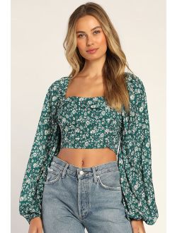 Blissfully Botanical Green Floral Print Ruched Long Sleeve Top
