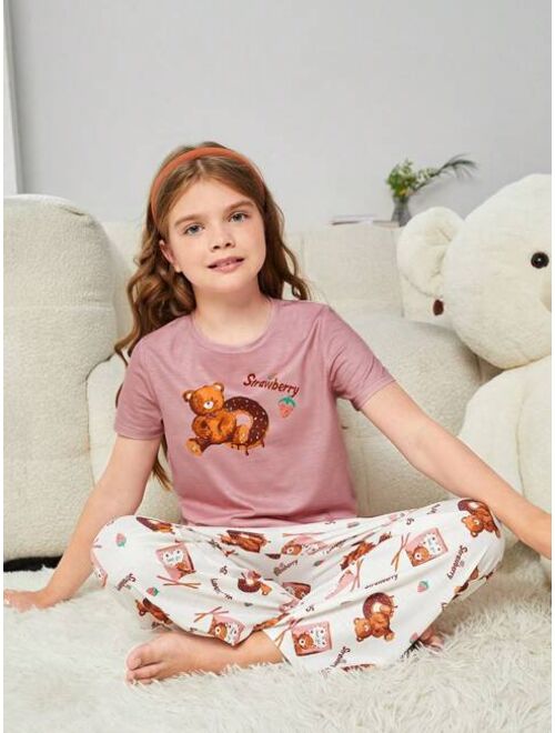 SHEIN Tween Girl Cartoon Graphic Tee & Pants PJ Set