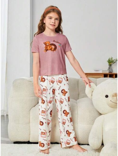 SHEIN Tween Girl Cartoon Graphic Tee & Pants PJ Set