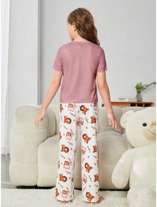 SHEIN Tween Girl Cartoon Graphic Tee & Pants PJ Set